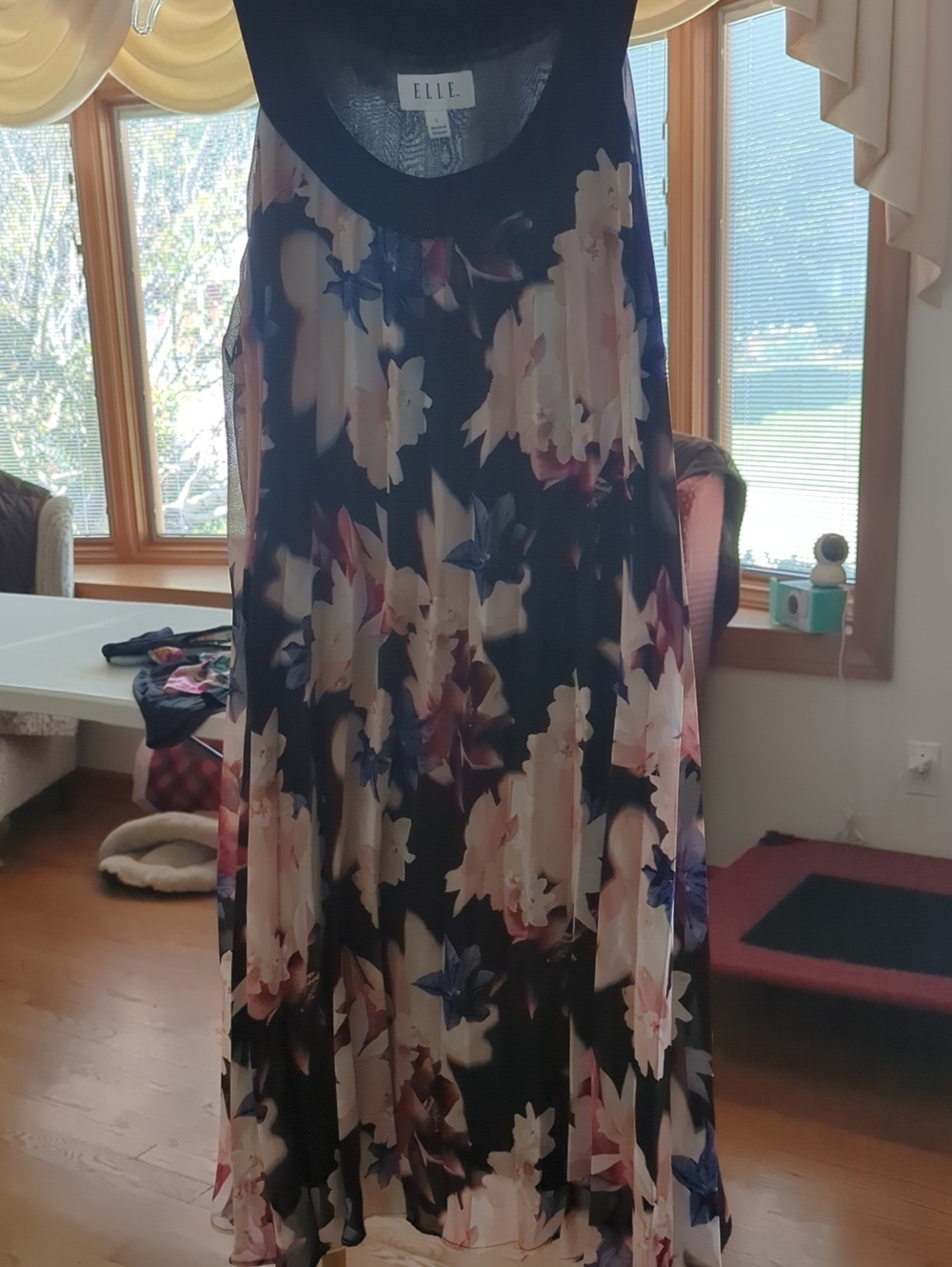 ELLE Black Midi Dress with Pink and Blue Floral Print
